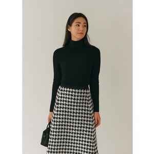 Noni Houndstooth A-Line‎ Wool Blend Skirt Black White S/M Winter Lux Classic